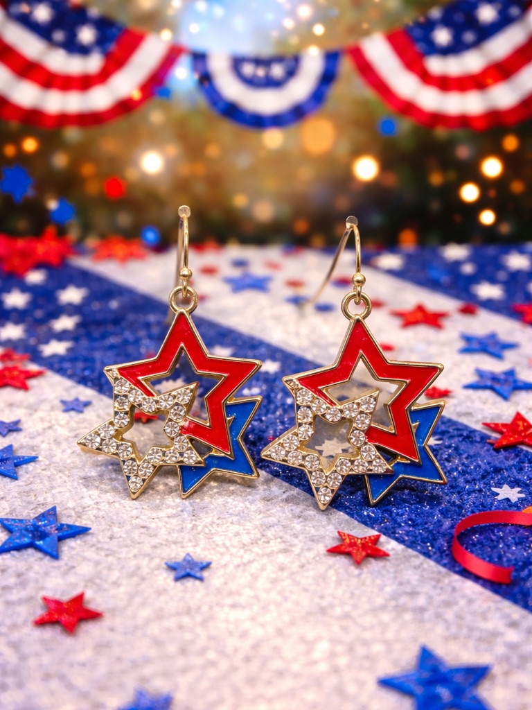 Patriotic Star Dangle Earrings 4th Of July Nwt